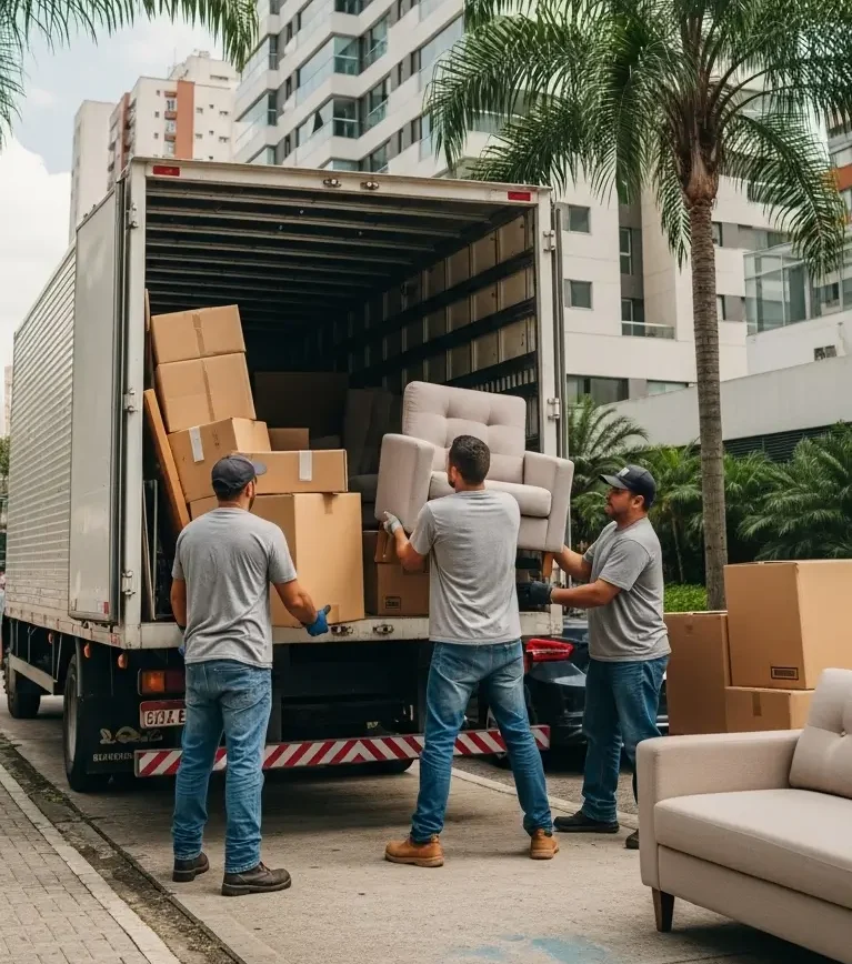 homens transportando moveis em um caminhão baú de frete e mudanças